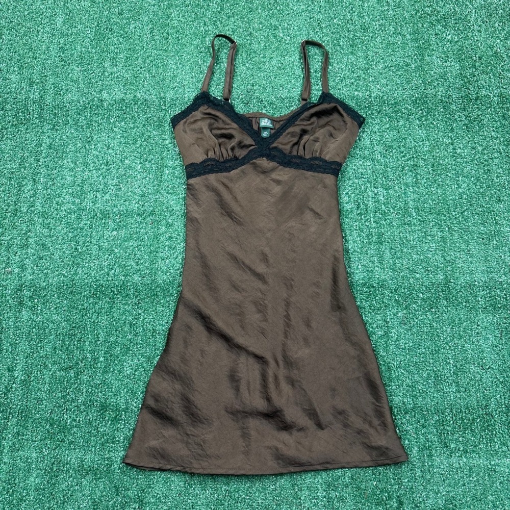 Y2K Wild Fable Brown Satin Lace Trim Mini Slip Dress XXS